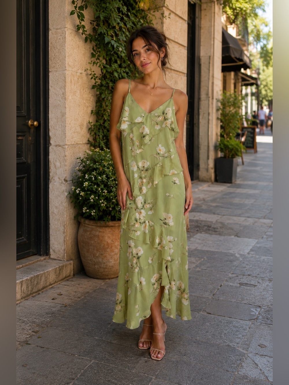 Blu Pepper green floral tiered midi dress straps flowers are cream color medium